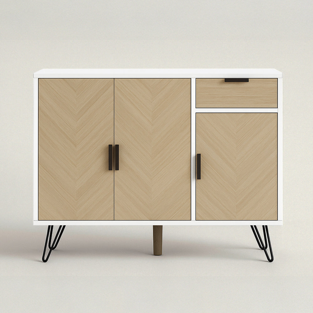 Buffet Chevron Lin Blanc – Minimalisme Raffiné et Rangement Élégant